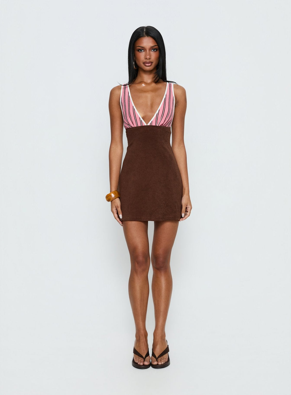 Aydenn Contrast Plunge Mini Dress Pink / Brown