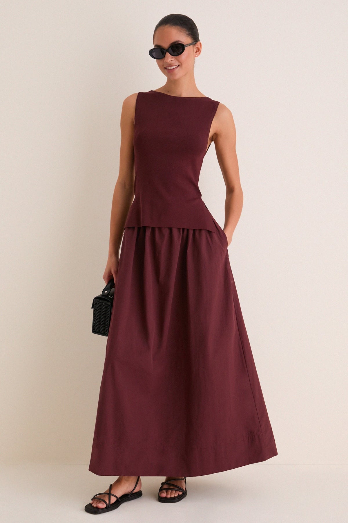 Dark Cherry Boatneck Mix Media Midi Dress