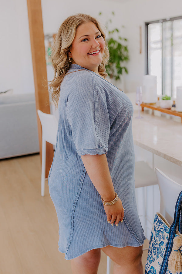 Girls Brunch Ribbed T-shirt Mini Dress in Airy Blue Curves