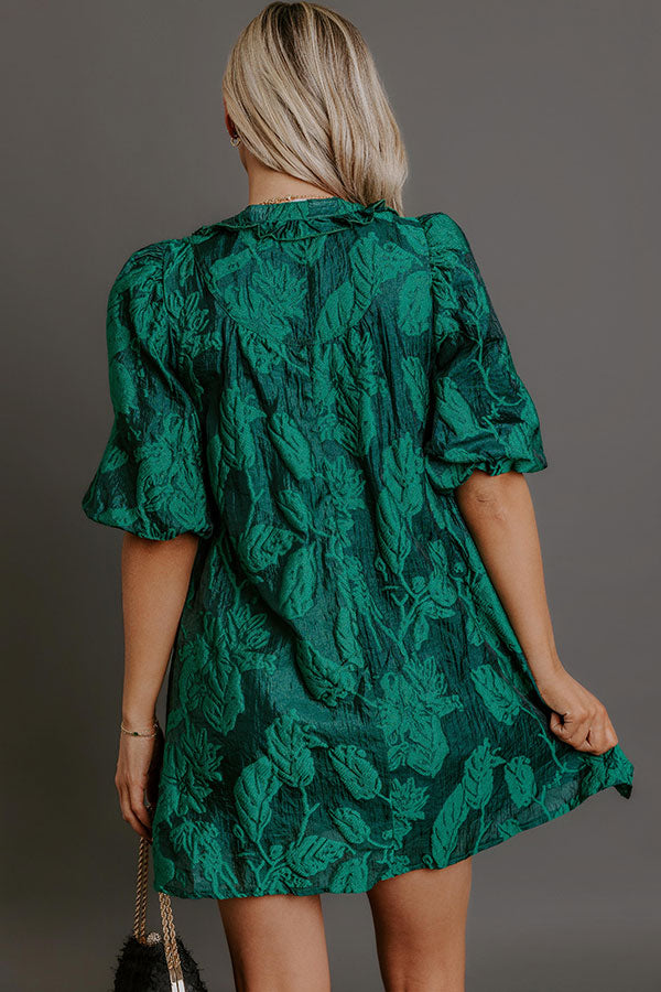 Holiday Happiness Floral Jacquard Mini Dress in Hunter Green