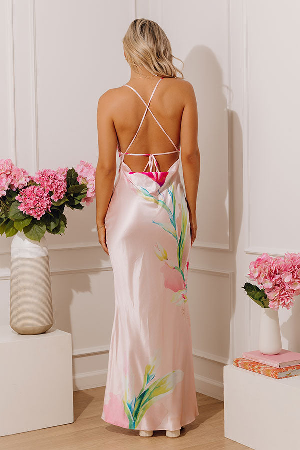 Watercolor Lilies Floral Satin Maxi Dress