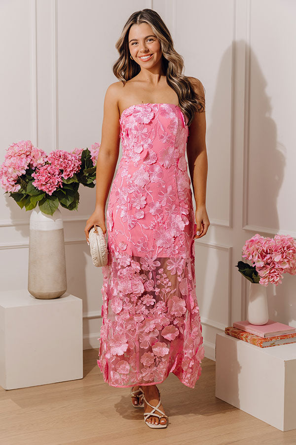 Romance in Bloom Floral Embroidered Midi Dress in Pink