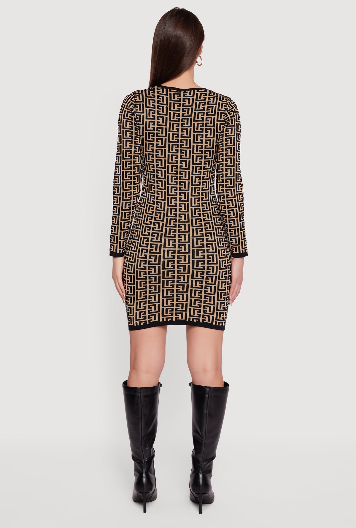 Printed Pattern Long Sleeve Square Neck Sweater Dress