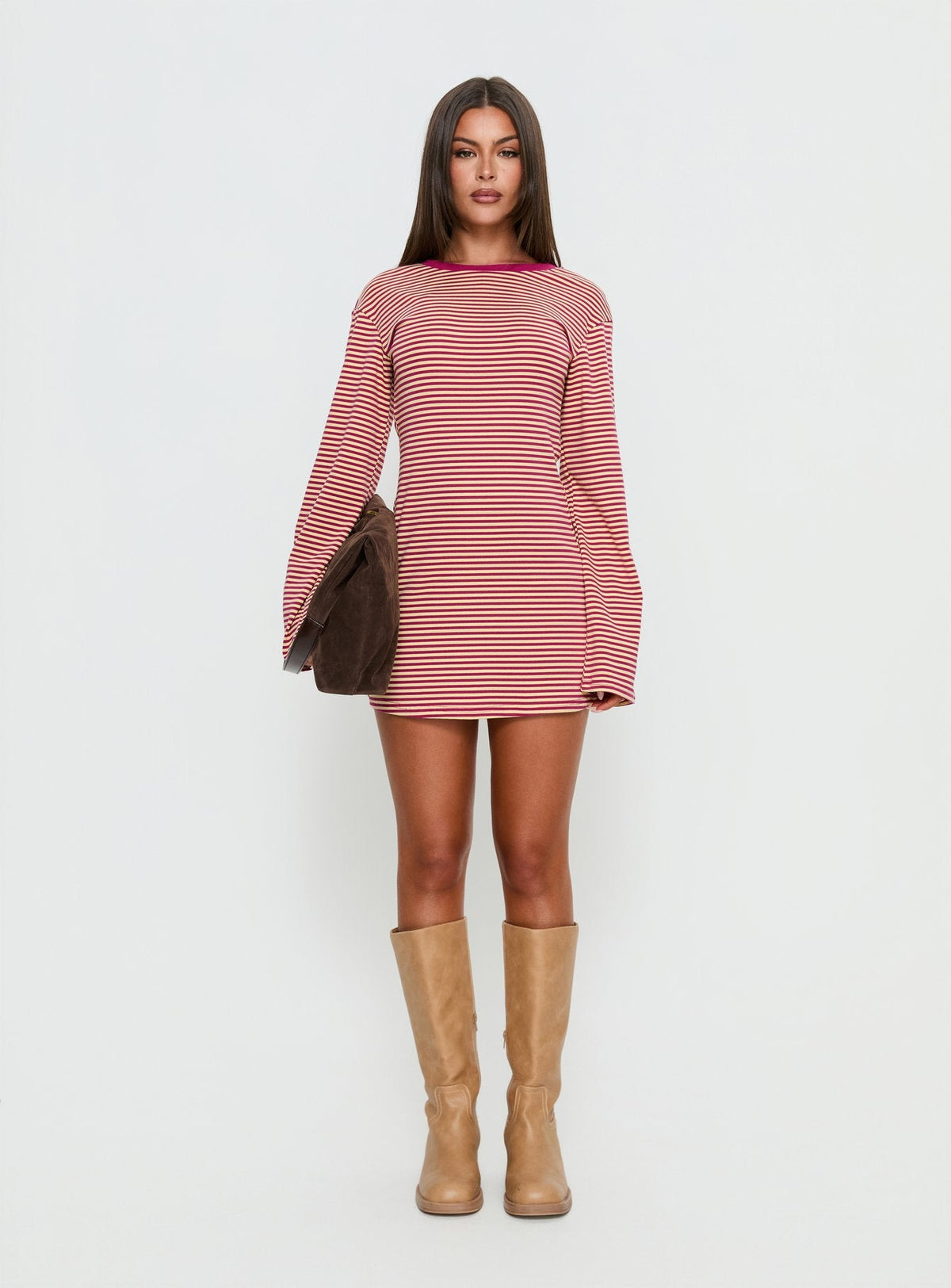 Lulolah Long Sleeve Mini Dress Lemon / Burgundy Stripe
