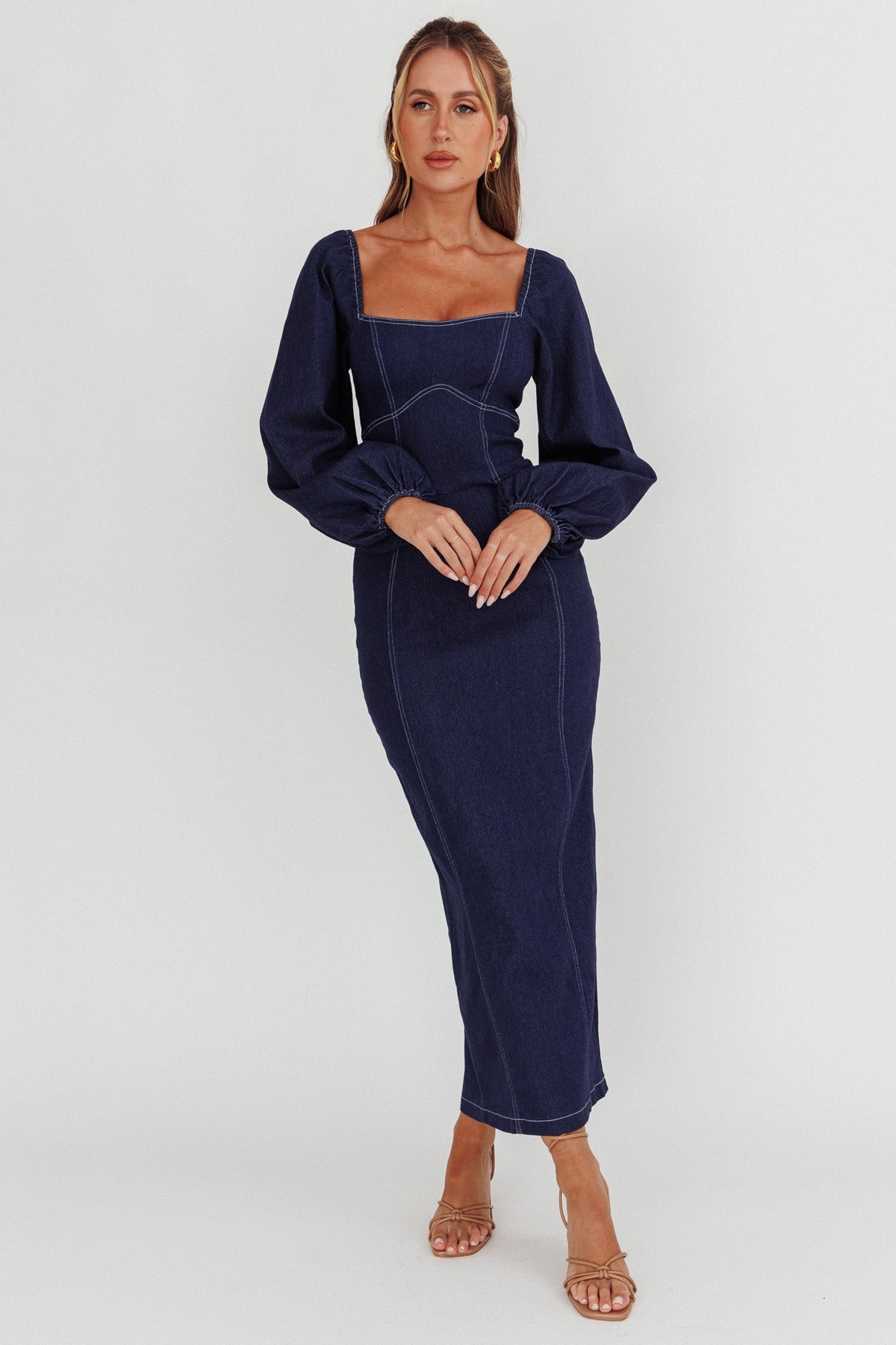 Bay Side Long Sleeve Denim Midi Dress Indigo