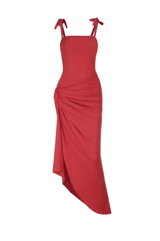 Red Tie Shoulder Ruched Party Dress