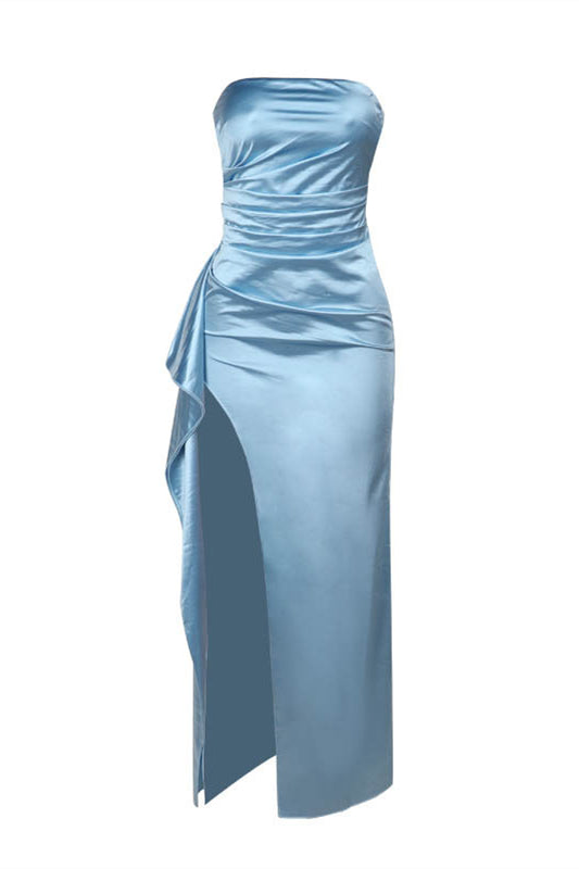 Strapless Blue Ruched Long Dress