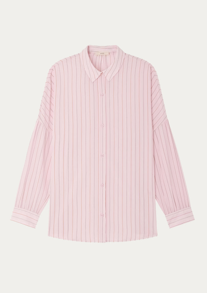 A button front shirt in pink with fine multicolor pinstripe pattern.