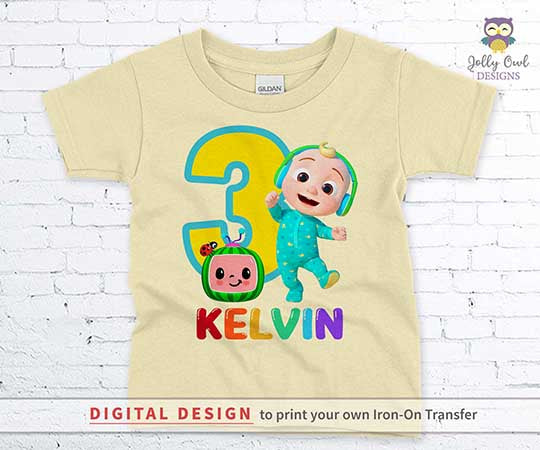 Cocomelon Birthday T-Shirt Design - Digital Design for Iron On Transfer - Personalized For Age Three