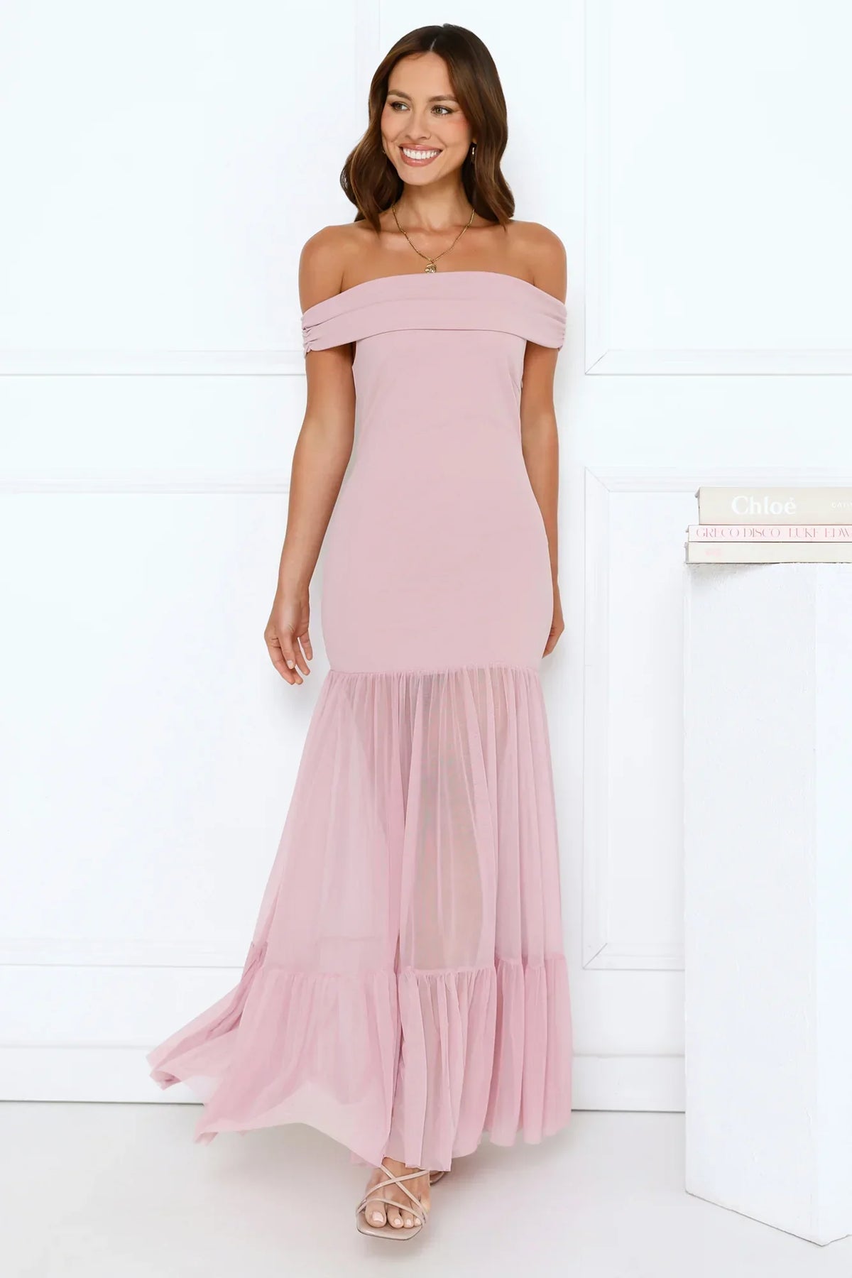 Starlit Aurora Off Shoulder Mesh Maxi Dress Pink