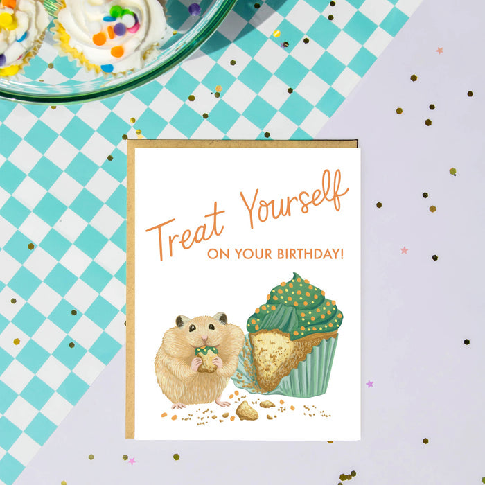 Colorful hamster cupcake birthday greeting card by Yeppie Paper, featuring a cute hamster design on a note card.