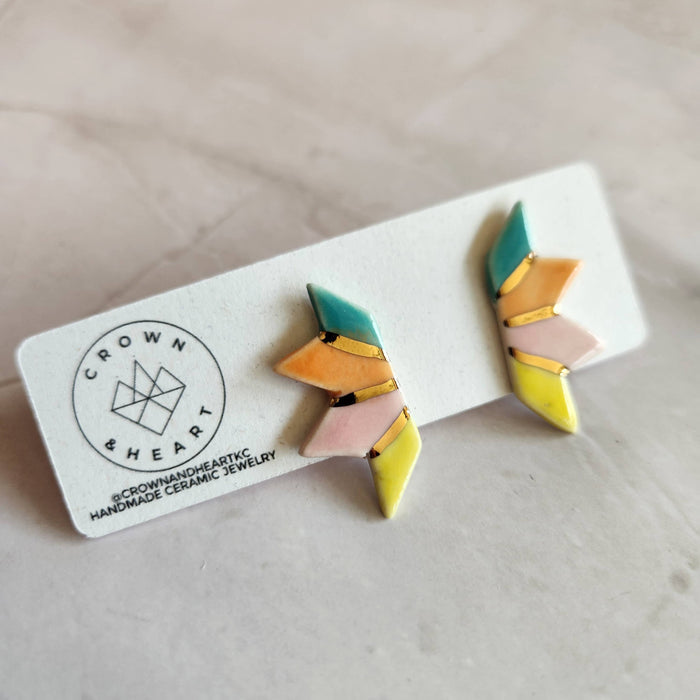 Crown & Heart zz.Prismatic Fan Ceramic Stud Earrings with colorful fan-shaped design on sterling silver posts