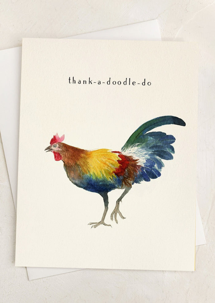A card with image of rooster, text reads "Thank-A-Doodle-Do".
