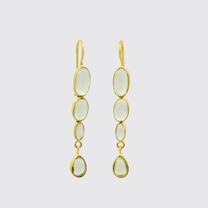 A pair of gold dangle earrings with three graduated oval clear greenish stones and a teardrop-shaped stone.