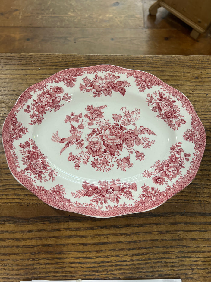 Vintage Premiere Asiatic Pheasants Scalloped Pink + White Transferware 12" Platter