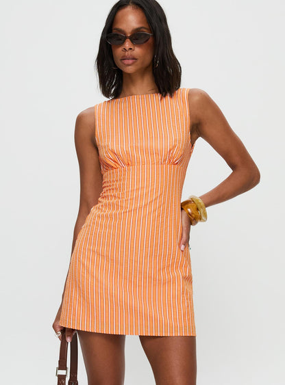 Ellesandra Boat Neck Mini Dress Orange Stripe