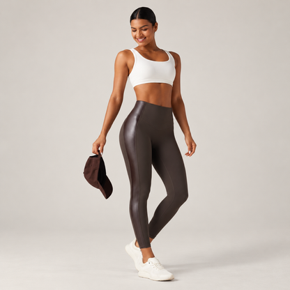 High Waisted Stretchy PU Tummy Control Yoga Leggings with Pocket