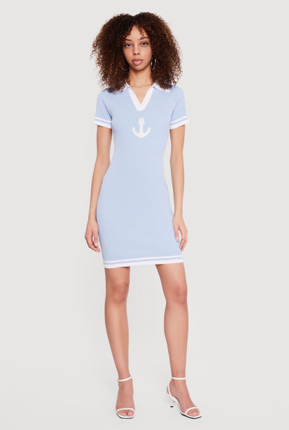 Boucle Anchor Patch Graphic Polo Sweater Dress