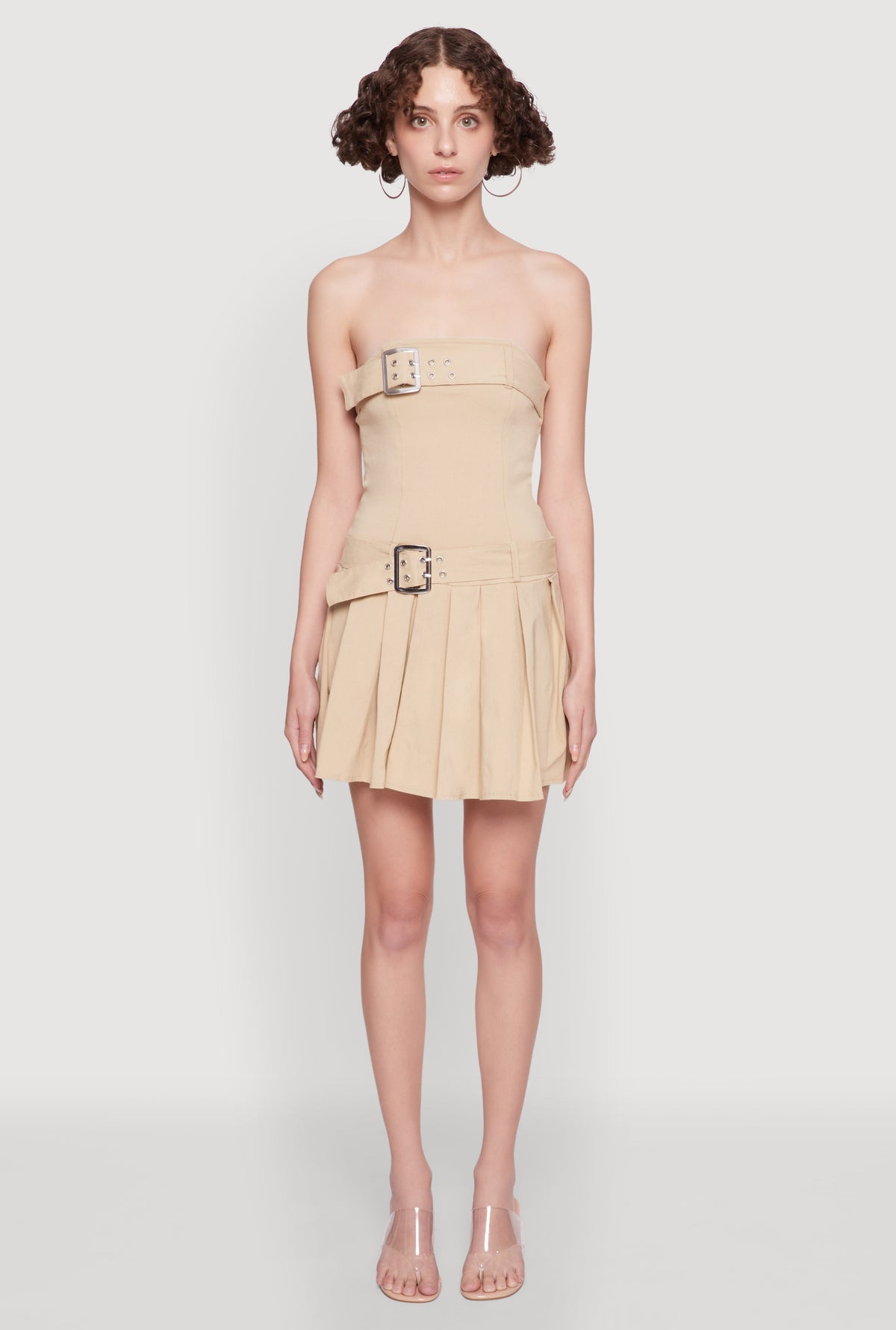 Strapless Double Belted Pleated Skater Dress