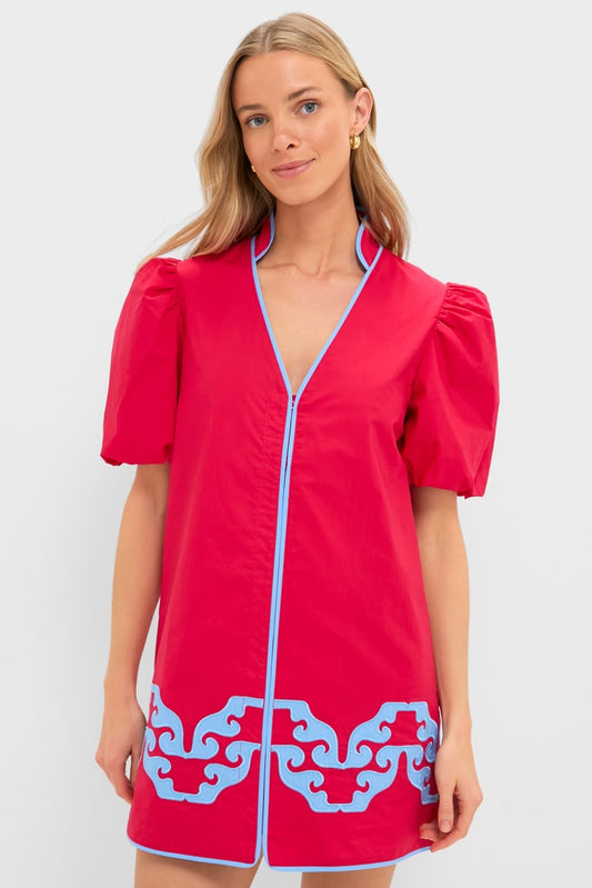 Red & Cornflower Blue Embroidered Arem Caftan