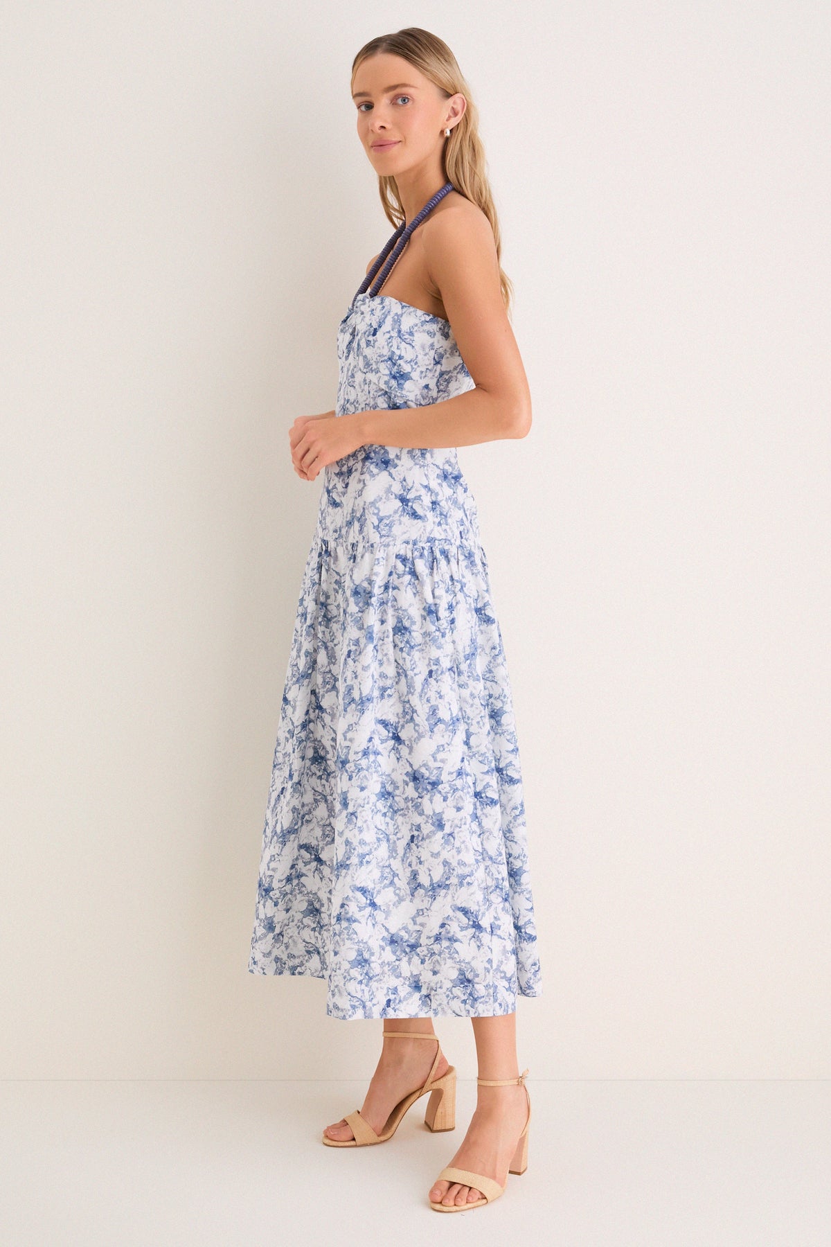 Navy Watercolor Beaded Halter Natalie Midi Dress