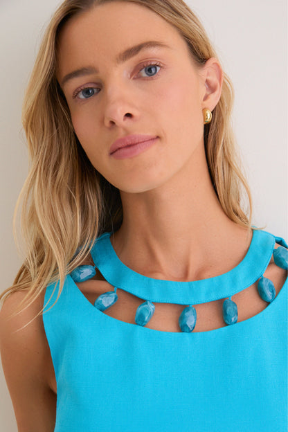 Aqua Linen Beaded Dottie Mini Dress