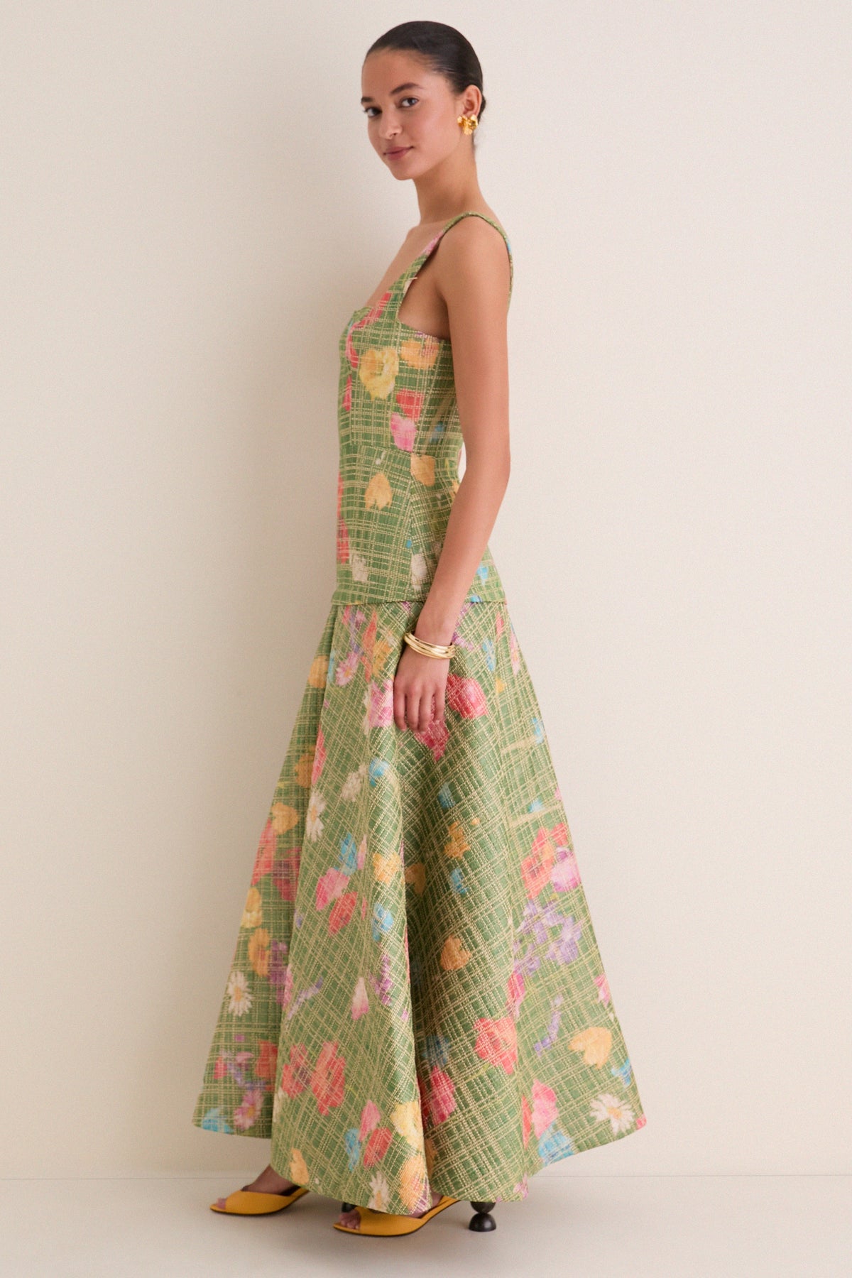 Cactus Multi Floral Raffia Poplin Square Neck Dress