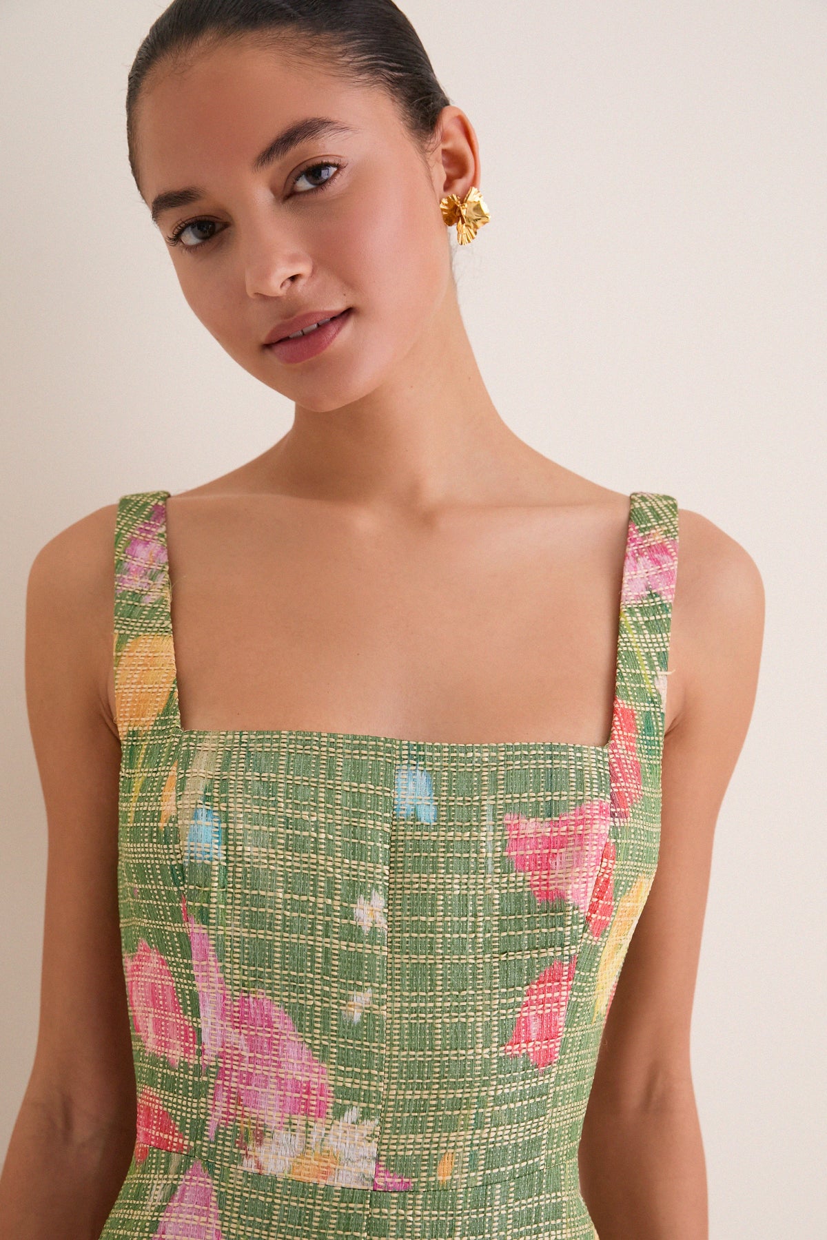 Cactus Multi Floral Raffia Poplin Square Neck Dress