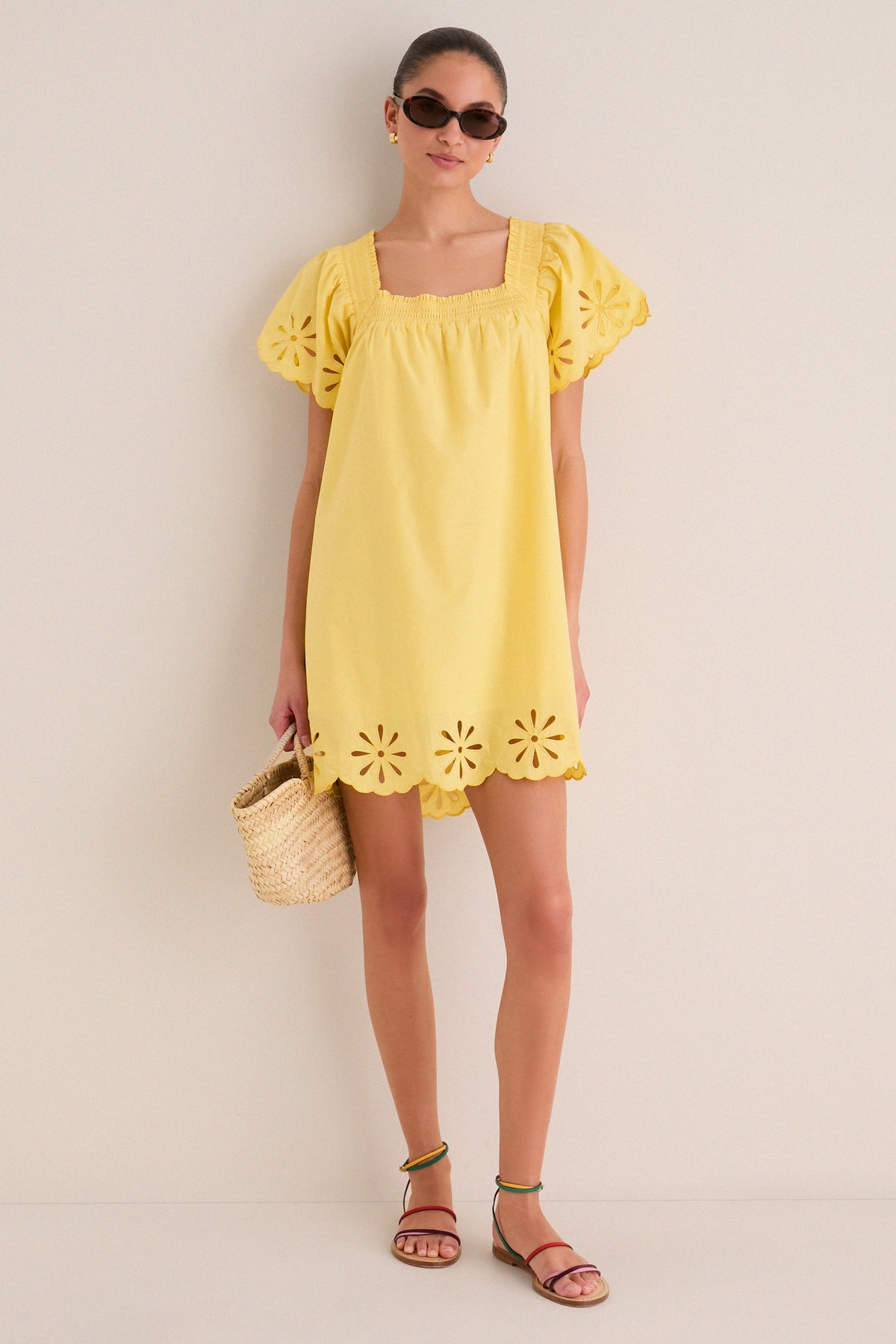 Yellow Floral Eyelet Daisy Mini Dress