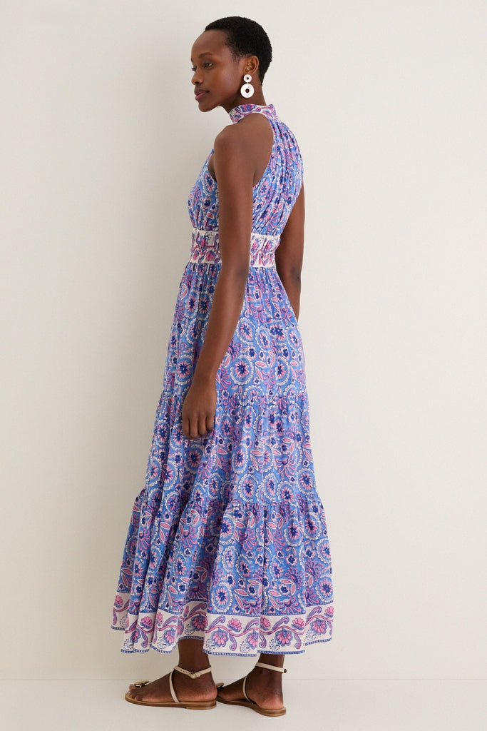 Blue with Pink Flowers Bella Halter Maxi Dress