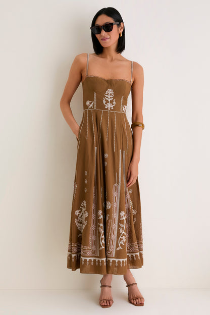 Brown Embroidered Lace Valya Maxis Dress