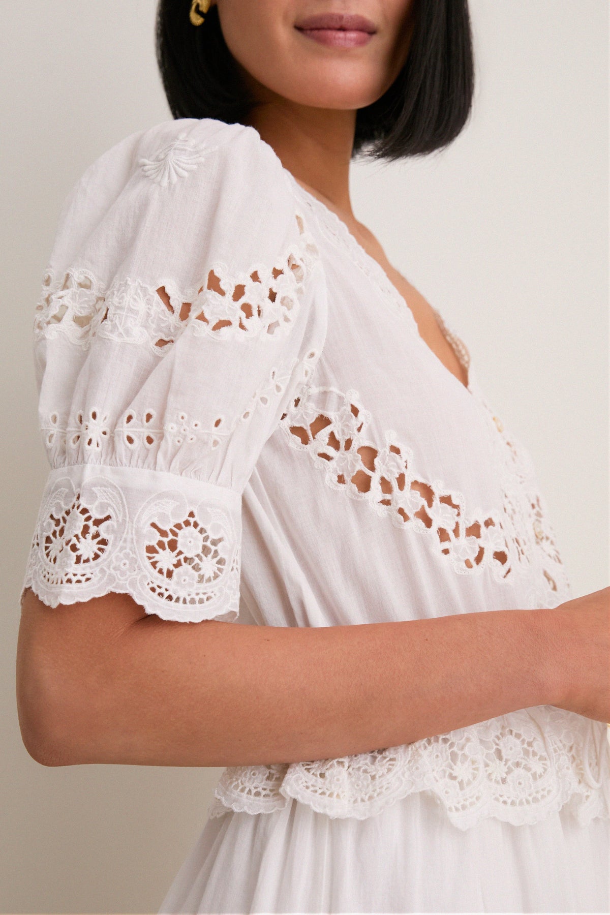 Cream Sofia Embroidery Puff Sleeve Dress