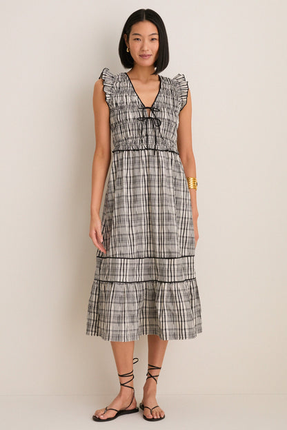 Black and Ivory Plaid Lacey Smocked Tie Front Midi Dress