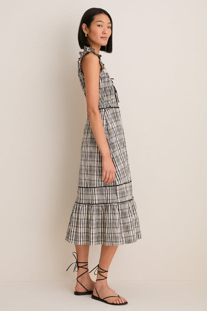 Black and Ivory Plaid Lacey Smocked Tie Front Midi Dress