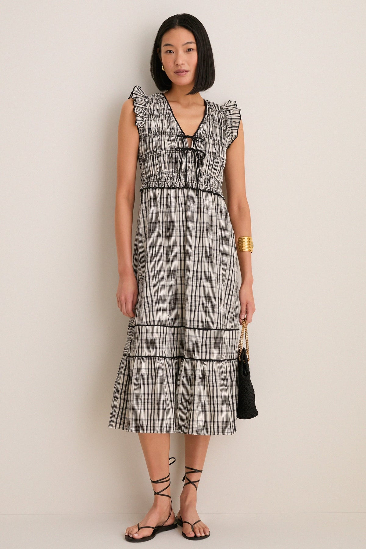 Black and Ivory Plaid Lacey Smocked Tie Front Midi Dress
