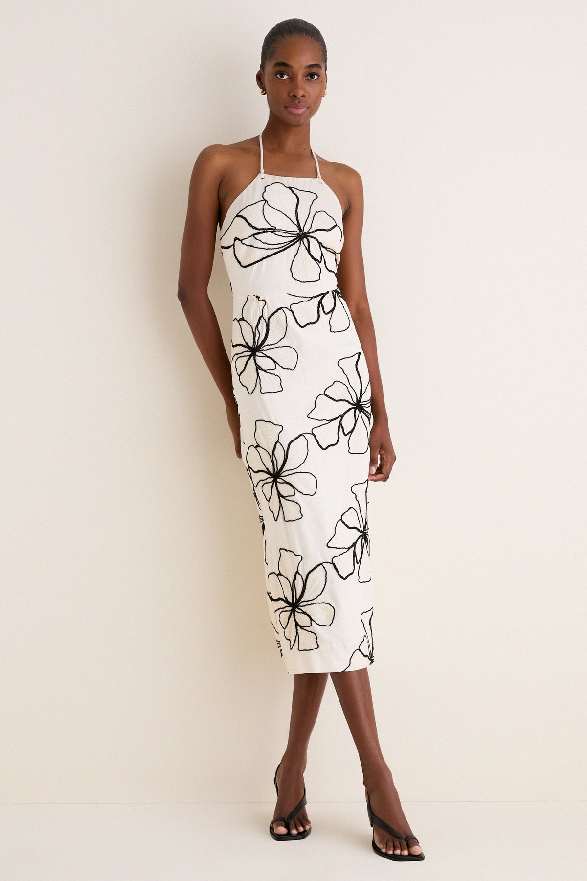 Ivory and Black Floral Embroidered Josie Halter Midi Dress