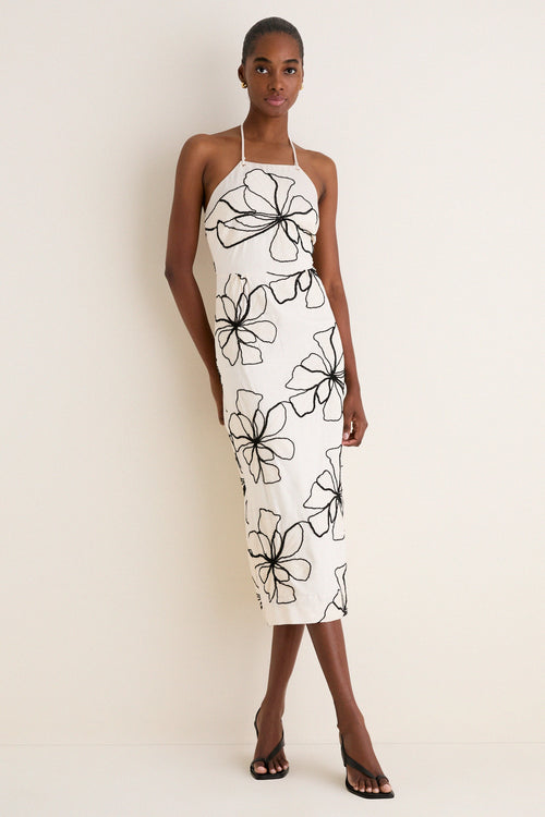 Ivory and Black Floral Embroidered Josie Halter Midi Dress