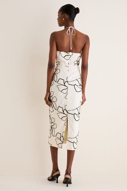 Ivory and Black Floral Embroidered Josie Halter Midi Dress