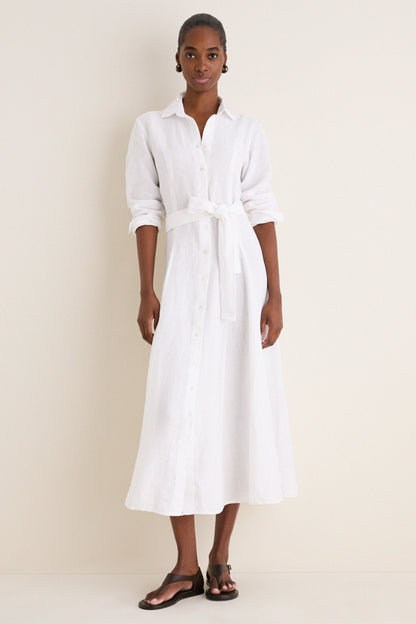 White Linen Woven Collared Long Sleeve Dress