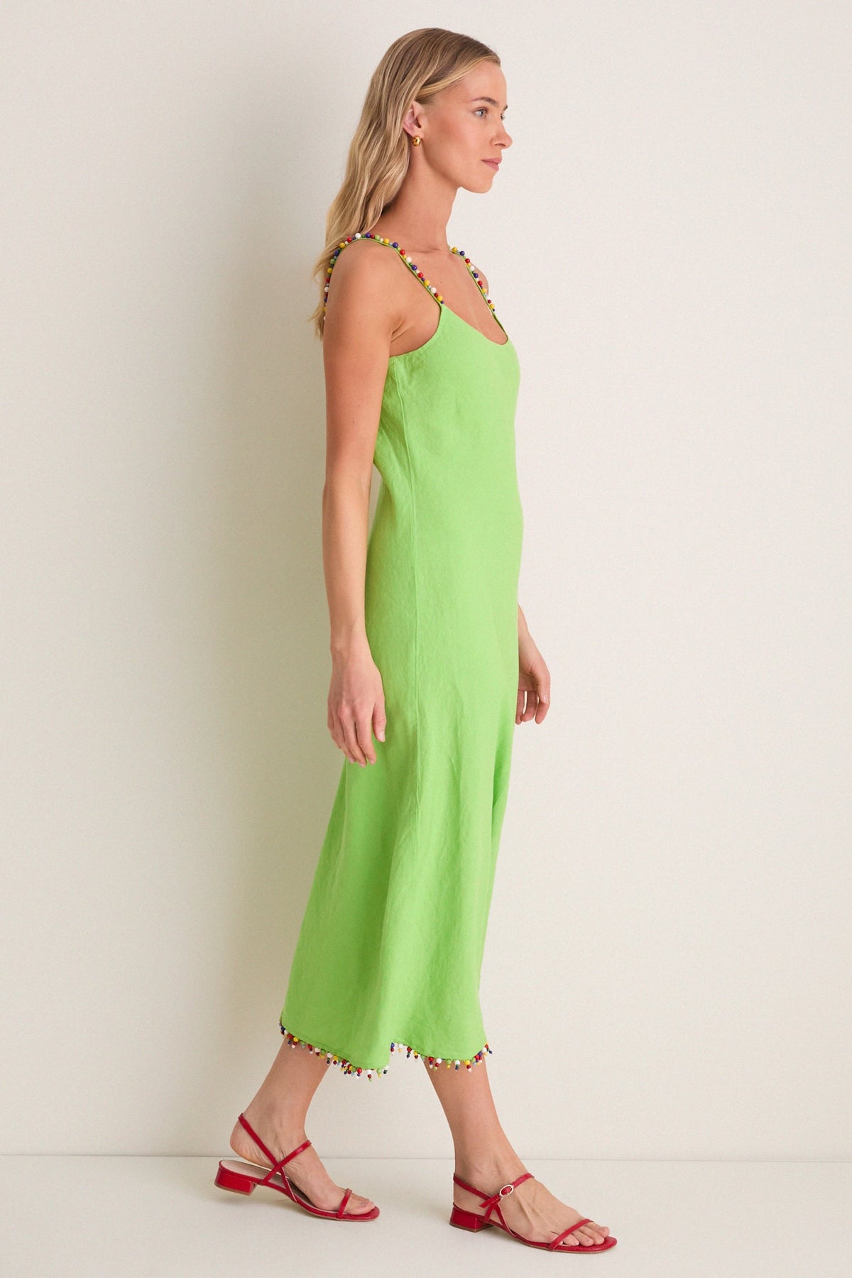 Riviera Green Linen Scoop Neck Beaded Dress