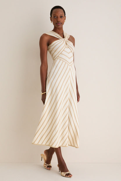 Cream and Gold Luna Metallic Halter Dress
