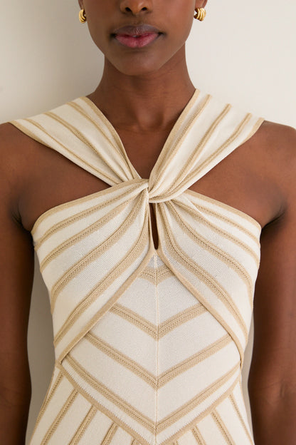 Cream and Gold Luna Metallic Halter Dress