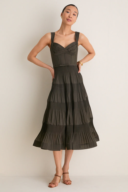 Olive Pleated Draped Midi Dress