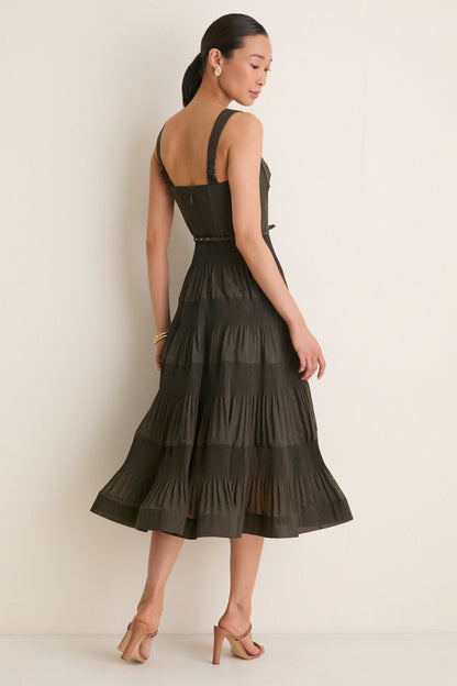 Olive Pleated Draped Midi Dress
