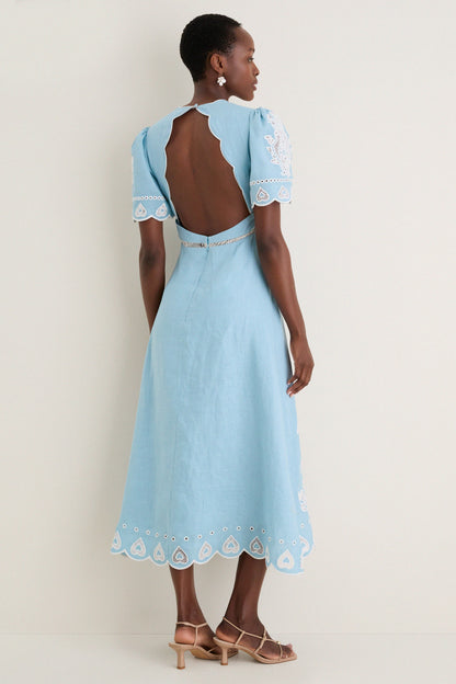 Light Blue Embroidery Short Sleeve Midi Dress