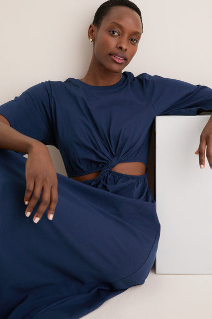 Dark Blue Short Sleeve Midi Dress