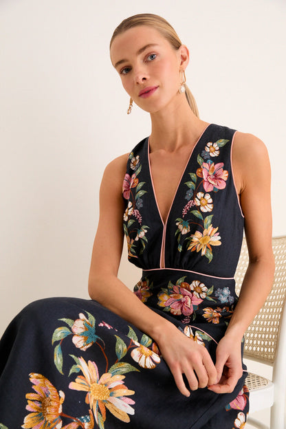 Maira Floral Dark Blue Midi Dress