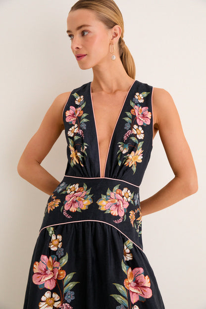 Maira Floral Dark Blue Midi Dress