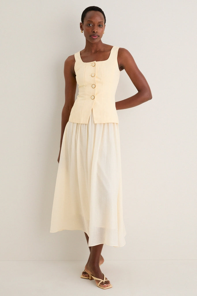 Yellow and Ivory Square Neck Vest Midi Dress