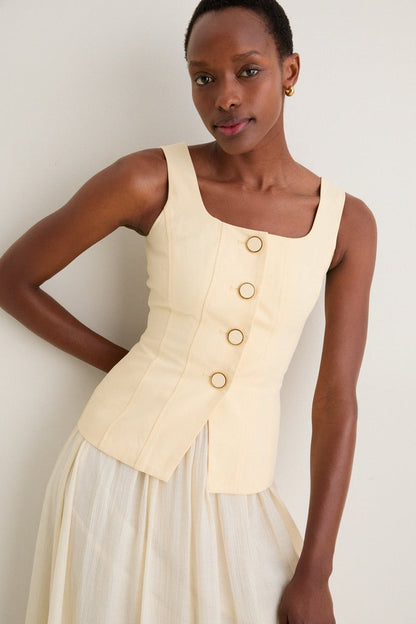 Yellow and Ivory Square Neck Vest Midi Dress